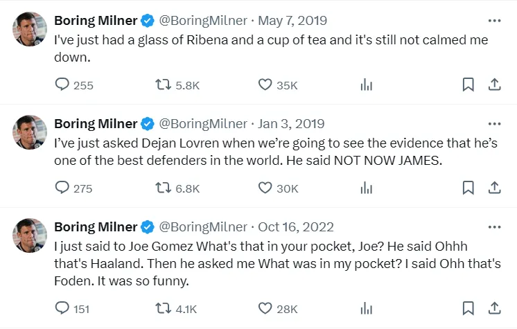 Screenshot of tweets from the @BoringMilner parody account on X joking about James Milner's famously sensible lifestyle and teammates including Dejan Lovren and Joe Gomez.