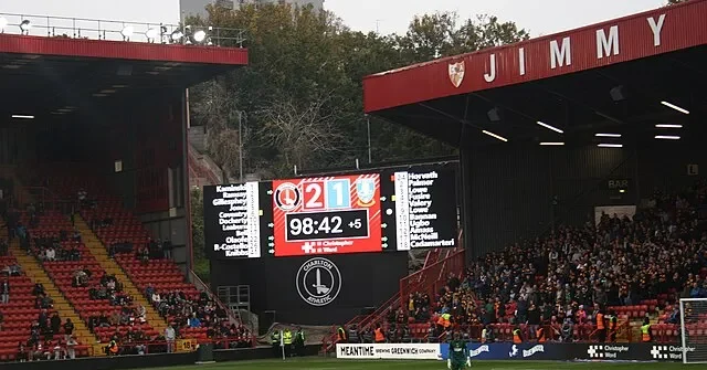 Where Is Charlton Athletic Football Club: Your Complete Location Guide – The Valley stadium scoreboard during a Charlton Athletic match in London.