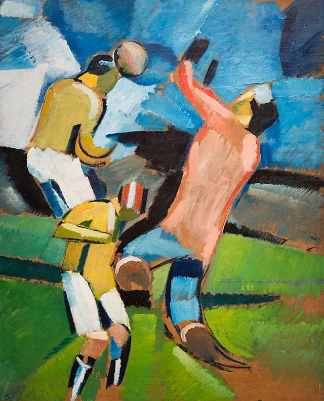 Abstract painting of football players jumping to head the ball during an aerial duel, illustrating the aerial threat meaning in football as players compete in the air for possession.