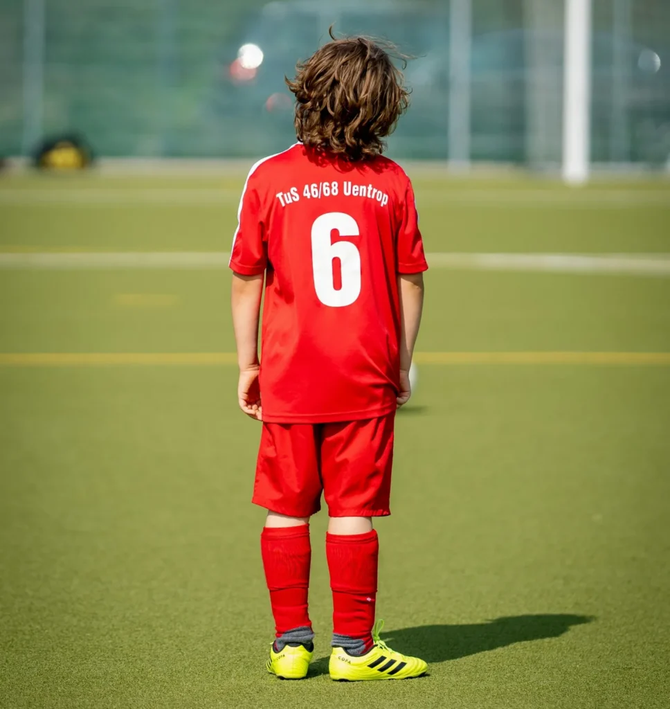 Young soccer player standing on a football pitch wearing a red jersey with the text &ldquo;TuS 46/68 Uentrop&rdquo; and the football number 6 on the back, facing the goal in the distance.